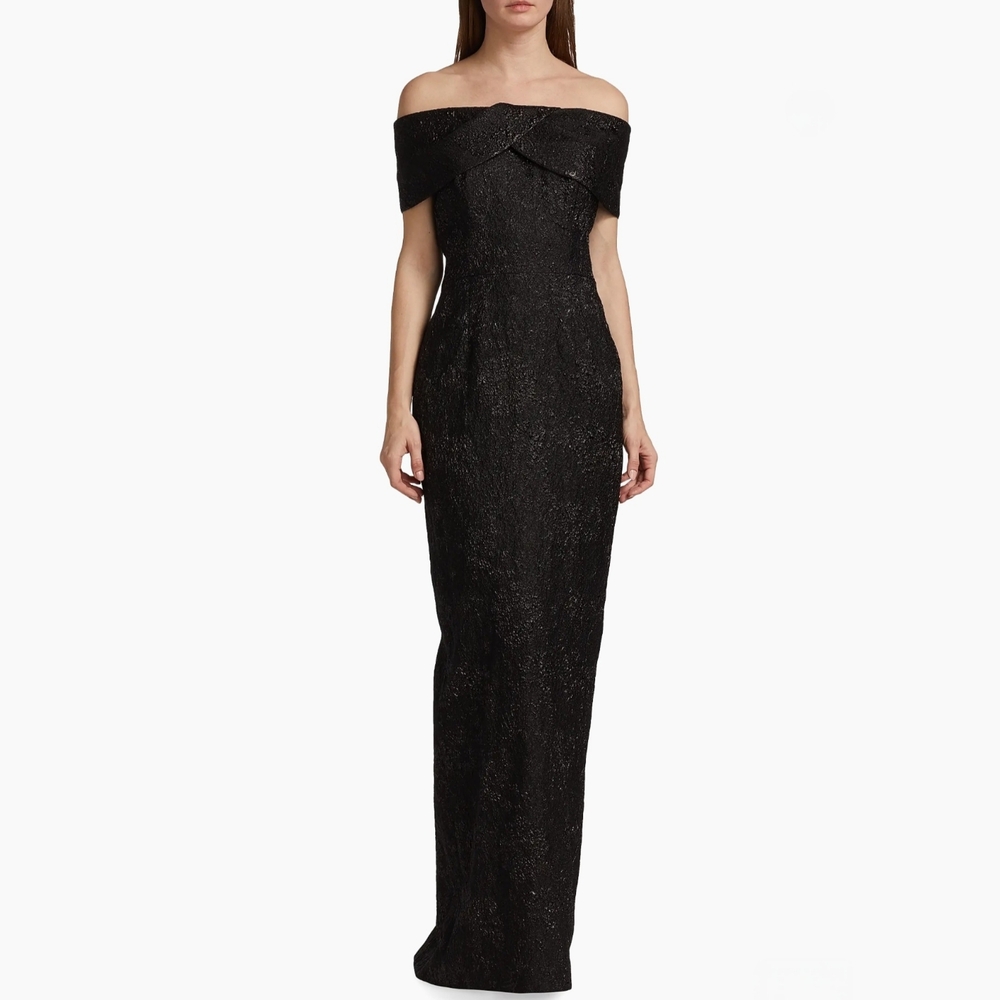 Teri Jon By Rickie Freeman Metallic Off Shoulder Jacquard Goth Black Gown Sz 16